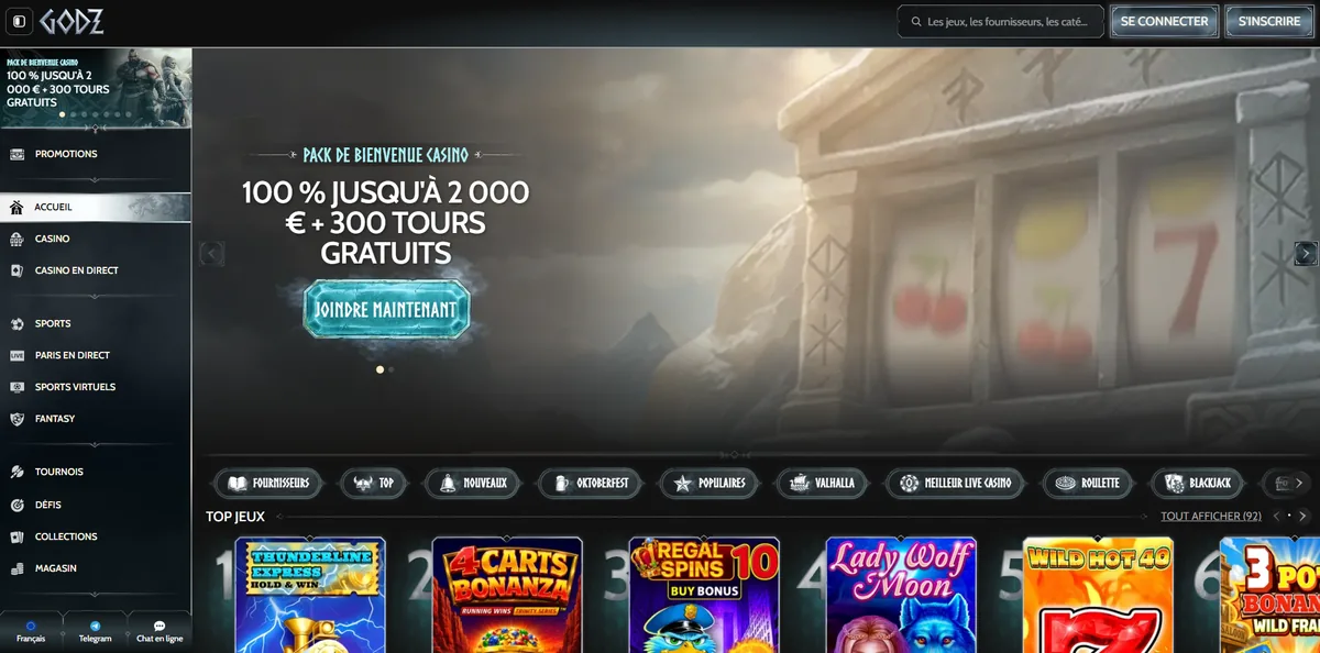 Aperçu de la page d'accueil de Godz Casino